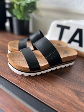 Reef Women’s Black Cork Footbed Platform Slide Sandals size 6